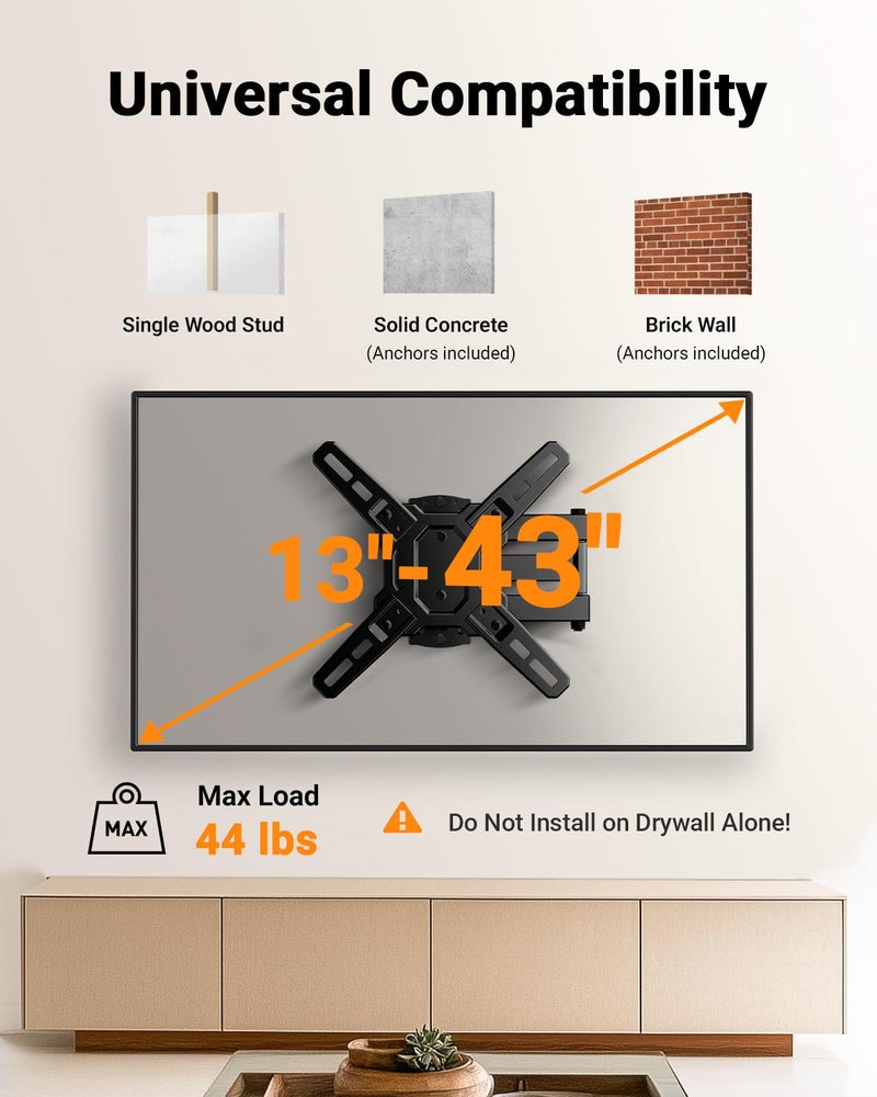 Perlegear Full Motion TV Wall Mount Bracket for Most 13-43 Inch LED LCD Flat Curved Screen TVs & Monitors, Swivel Tilt Extension with Articulating Arms, Max VESA 200x200mm up to 44lbs - Image 2